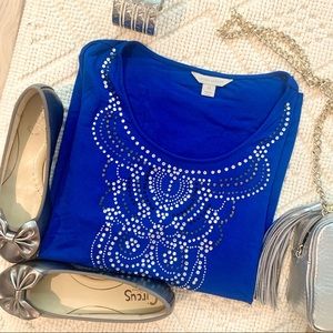 Laura Ashley Royal Blue Bedazzled 3/4 Sleeve Blouse